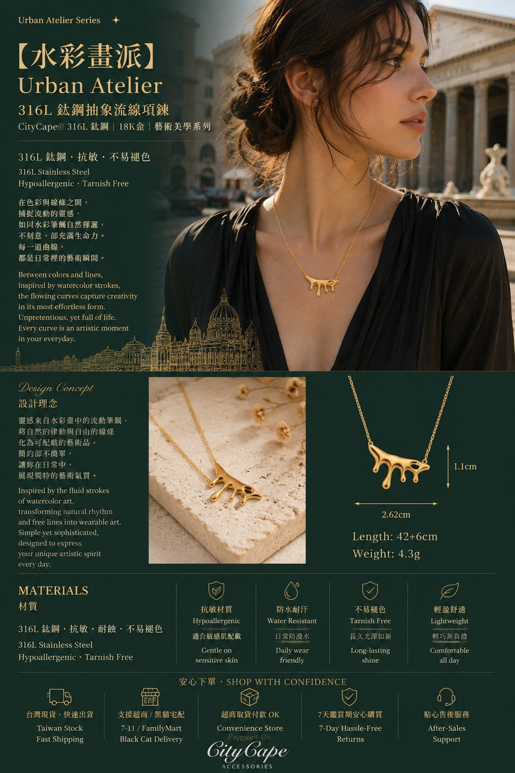 【水彩畫派】Urban Atelier|316L鈦鋼抽象流線項鍊|18K 鍍金極簡設計