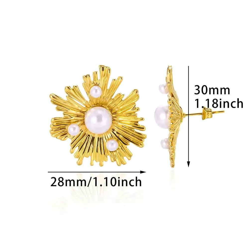 【花間舞者】Urban Bloom 316L 鈦鋼放射花形耳環|18K 鍍金珍珠設計