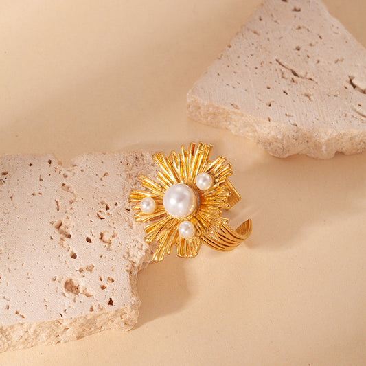 【風尚花舞】Radiant Pearl 316L 鈦鋼放射珍珠戒