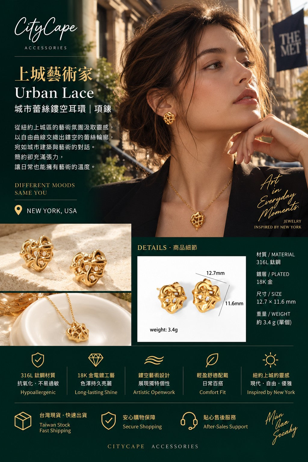 【Urban Lace｜城市蕾絲鏤空耳環|項鍊】 CityCape© 316L 鈦鋼｜18K金色｜城市復古系列