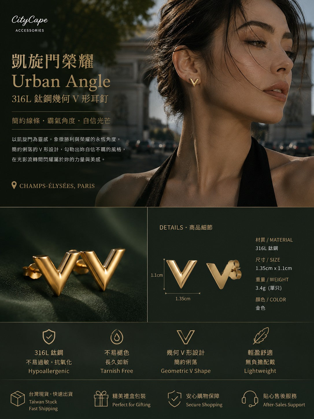 【凱旋門榮耀】Urban Angle 316L 鈦鋼幾何 V 形耳釘