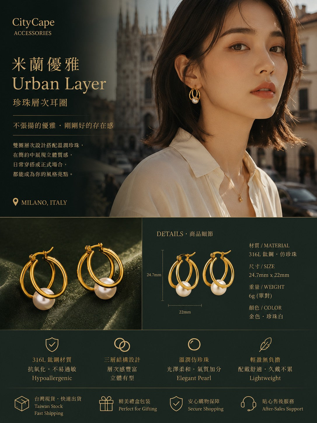 【Urban Layer｜珍珠層次耳圈】CityCape© 316L 鈦鋼｜18K金抗敏｜雙圈珍珠耳環