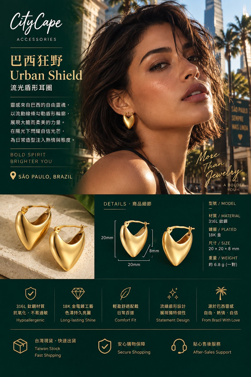 【Urban Shield｜Flowing Light Shield Hoop Earrings】CityCape© 316L Titanium Steel｜18K Gold｜Urban Power Collection