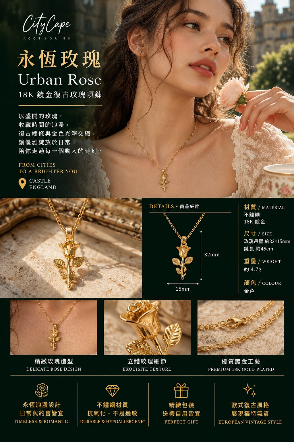 【永恆玫瑰】Urban Rose｜18K 鍍金復古玫瑰項鍊  CityCape© 都會浪漫系列｜不鏽鋼 18K 鍍金｜立體玫瑰設計