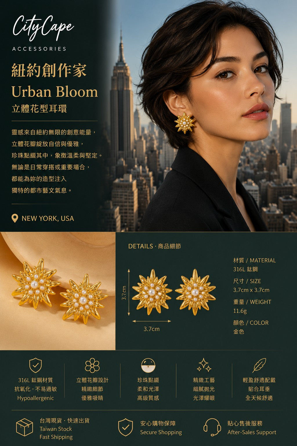 【紐約創作家】Urban Bloom 316L 鈦鋼立體花型耳環｜18K 鍍金珍珠細節