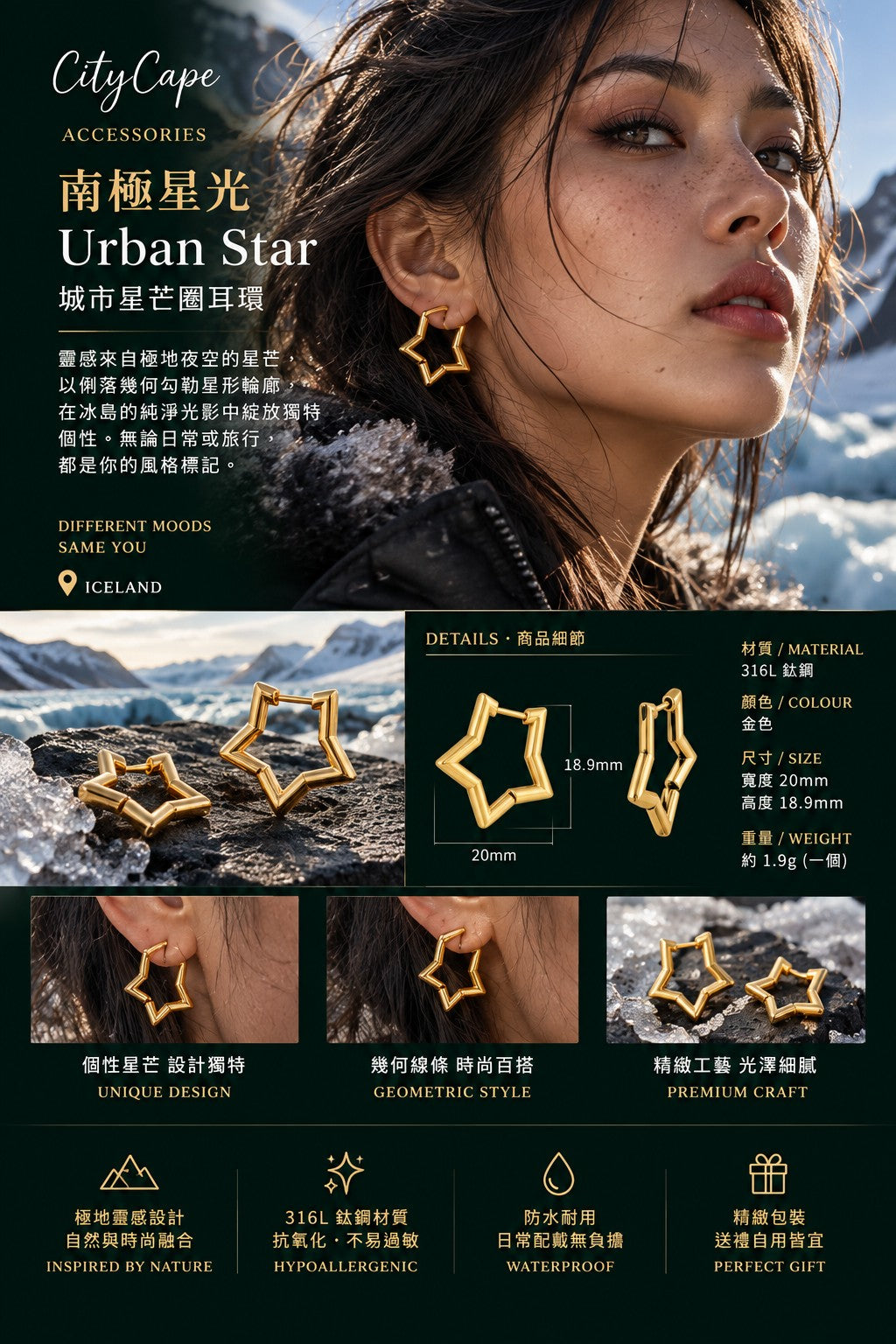 【Urban Star｜城市星芒圈耳環】  CityCape© 316L 鈦鋼｜18K金色｜城市星光系列