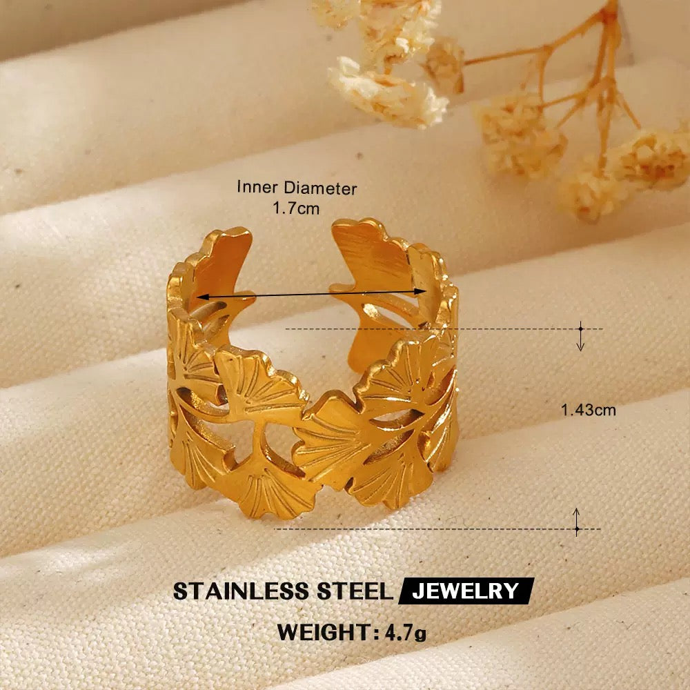 【Urban Flora｜Leaf Pattern Engraved Open Ring】CityCape© 316L Titanium Steel｜18K Gold｜Hypoallergenic Design