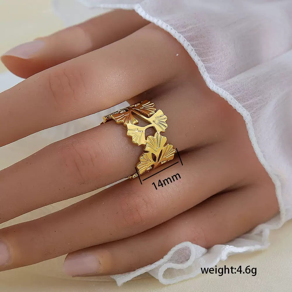 【Urban Flora｜Leaf Pattern Engraved Open Ring】CityCape© 316L Titanium Steel｜18K Gold｜Hypoallergenic Design