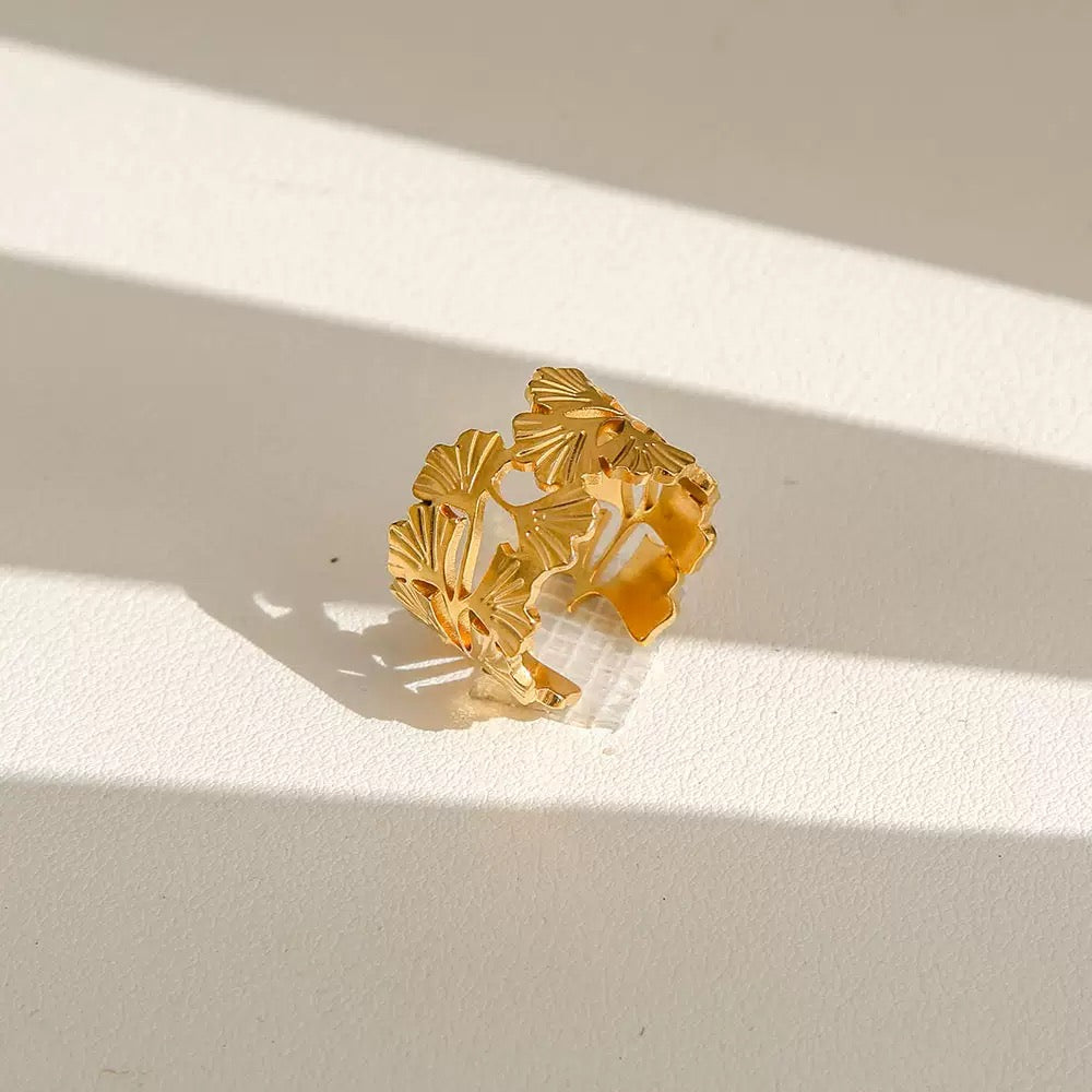 【Urban Flora｜Leaf Pattern Engraved Open Ring】CityCape© 316L Titanium Steel｜18K Gold｜Hypoallergenic Design
