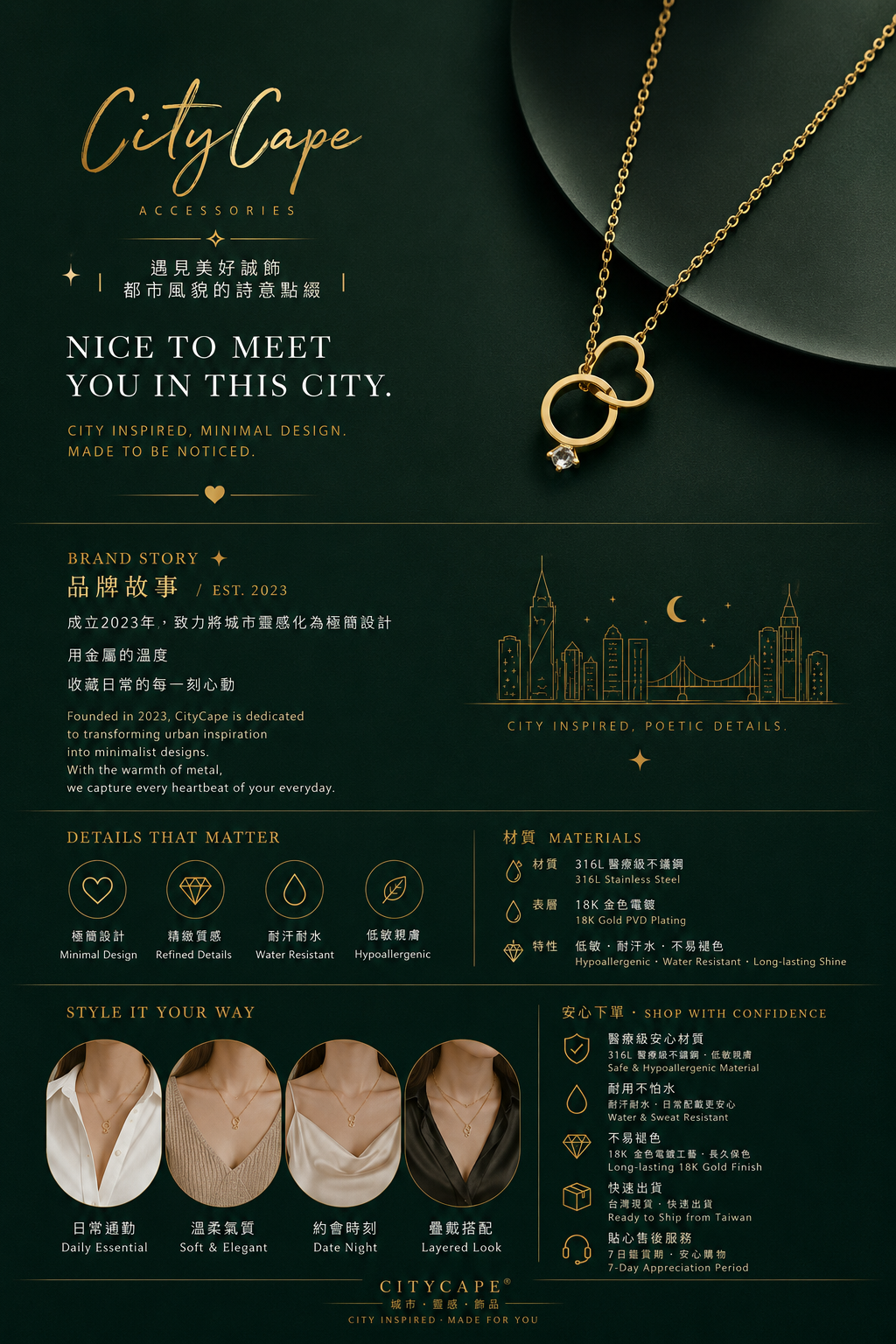 【Urban Bond｜城市相遇項鍊】  CityCape© 316L 鈦鋼｜18K金｜Urban Romance 系列
