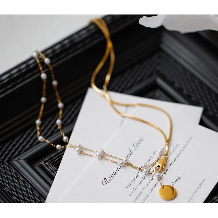 The Danish Girl | Urban Layer | Double Pearl Gold Chain CityCape© 316L Titanium Steel | 18K Gold Hypoallergenic | Layered Necklace