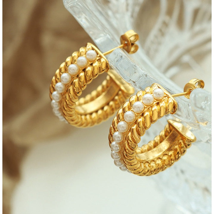 【Paris Avenue】Urban Pearl 316L Titanium Steel Pearl Hoop Earrings