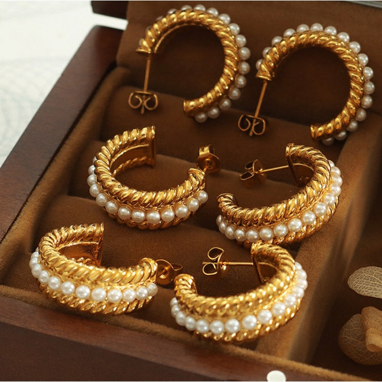 【Paris Avenue】Urban Pearl 316L Titanium Steel Pearl Hoop Earrings