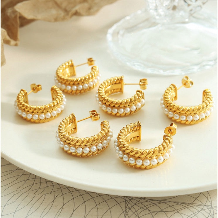 【Paris Avenue】Urban Pearl 316L Titanium Steel Pearl Hoop Earrings