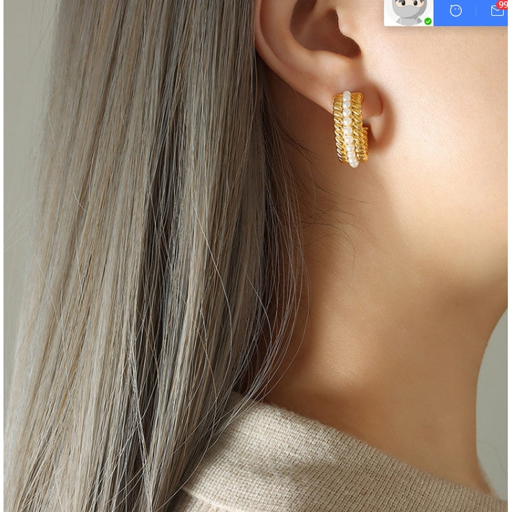 【Paris Avenue】Urban Pearl 316L Titanium Steel Pearl Hoop Earrings