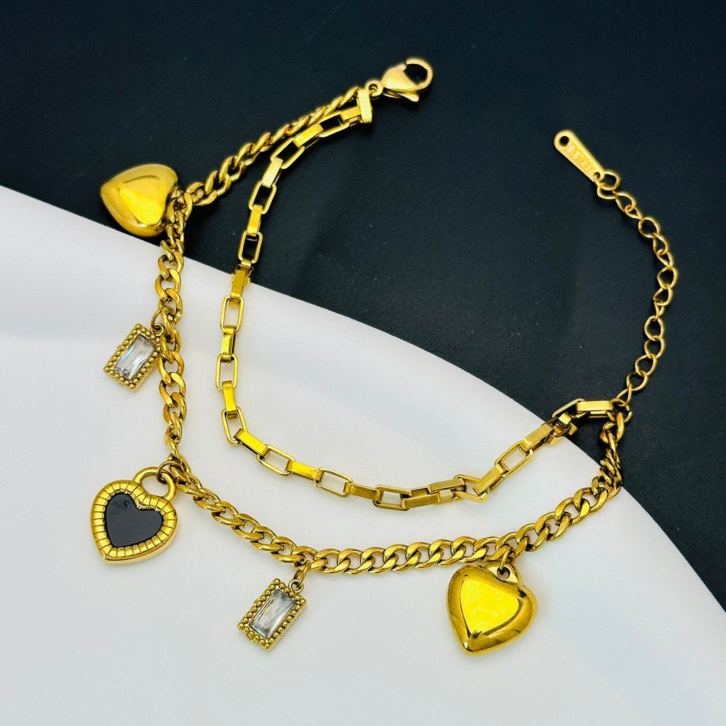 【Party Sweetheart】Urban Charm 316L Titanium Steel Double Layer Pendant Bracelet｜18K Gold Plated Chain