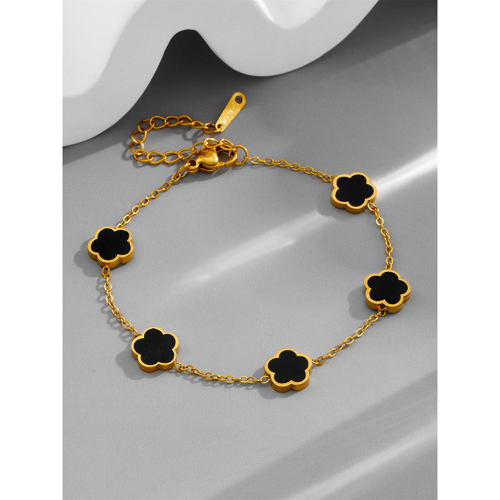 【夜色花影】Urban Noir Bloom｜黑金白金花朵手鍊  CityCape© 316L 鈦鋼｜18K 金色｜黑金花影系列