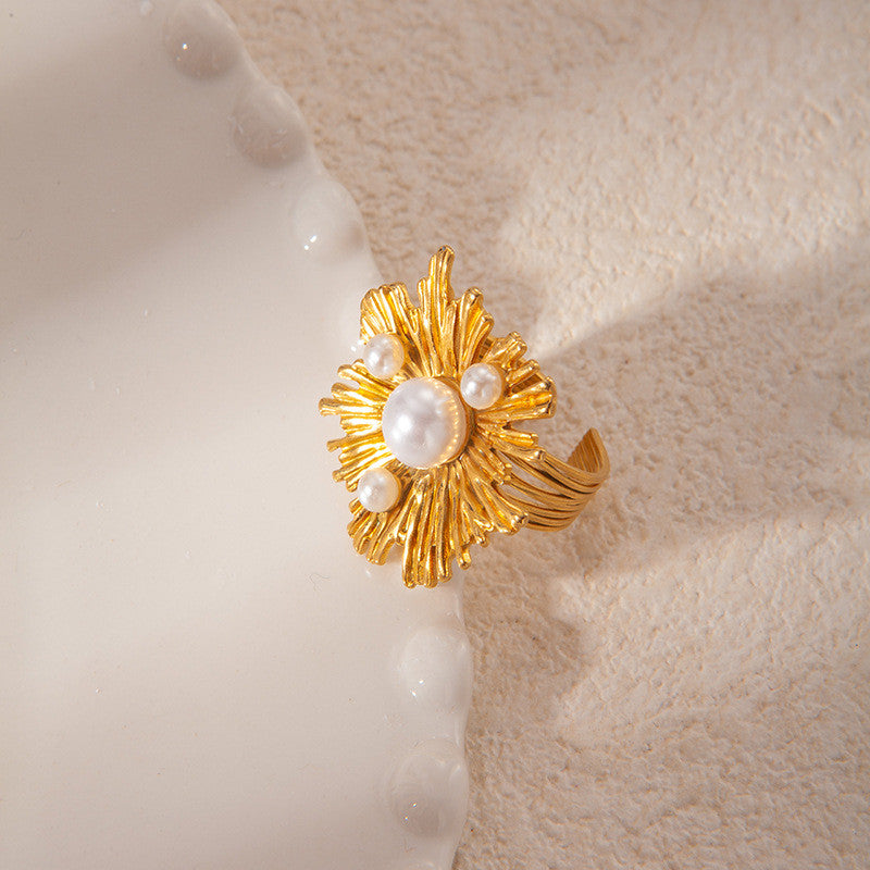 [Fashion Blossom] Radiant Pearl 316L Titanium Steel Sunray Pearl Ring