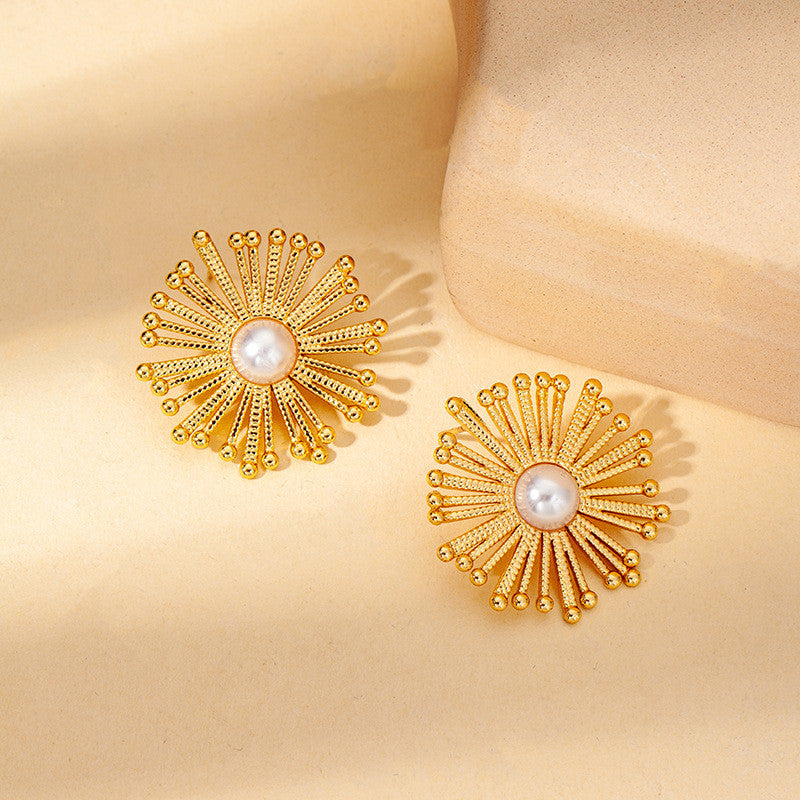 [Modern Style] Urban Soleil | 316L Titanium Steel Sunflower Earrings | Vintage Gold Design