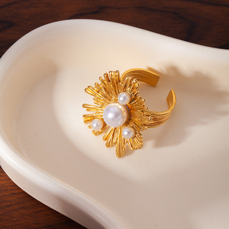 [Fashion Blossom] Radiant Pearl 316L Titanium Steel Sunray Pearl Ring