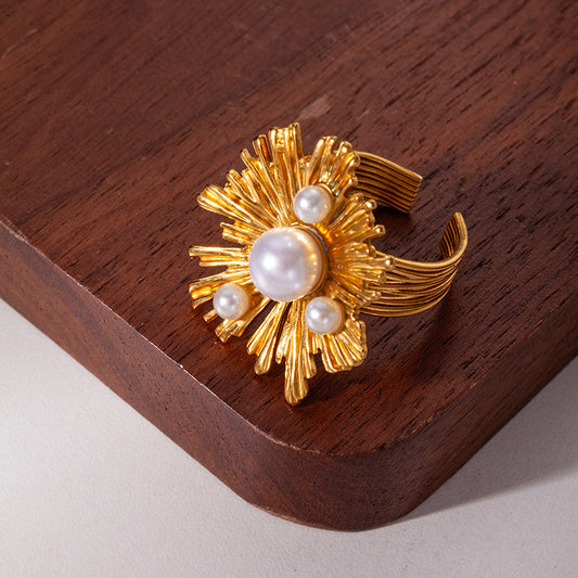 【風尚花舞】Radiant Pearl 316L 鈦鋼放射珍珠戒