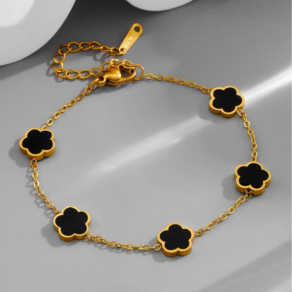 【夜色花影】Urban Noir Bloom｜黑金白金花朵手鍊  CityCape© 316L 鈦鋼｜18K 金色｜黑金花影系列
