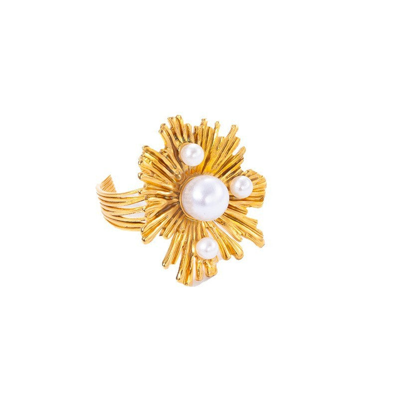 [Fashion Blossom] Radiant Pearl 316L Titanium Steel Sunray Pearl Ring