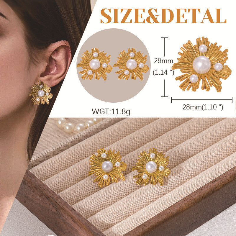 【Dancing in the Flowers】Urban Bloom 316L Titanium Steel Radiant Flower Earrings | 18K Gold Plated Pearl Design