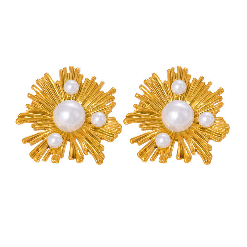 【Dancing in the Flowers】Urban Bloom 316L Titanium Steel Radiant Flower Earrings | 18K Gold Plated Pearl Design
