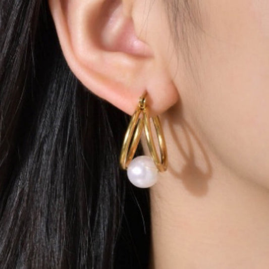 【Urban Layer｜Pearl Layered Earrings】CityCape© 316L Titanium Steel｜18K Gold Hypoallergenic｜Double Hoop Pearl Earrings