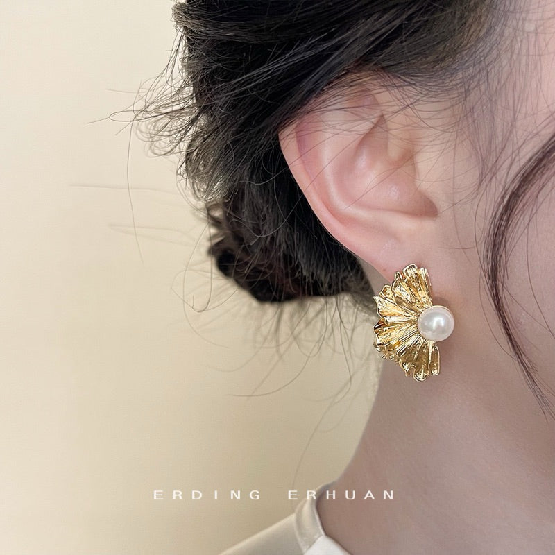 Urban Sculpture 316L Titanium Steel Pearl Pleated Sculptural Earrings