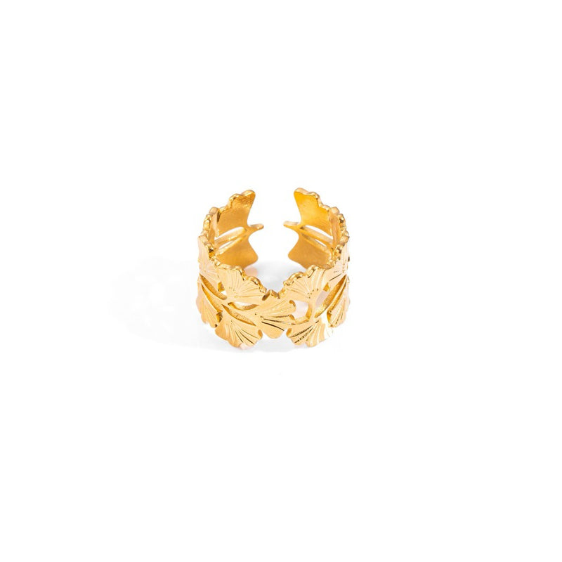 【Urban Flora｜Leaf Pattern Engraved Open Ring】CityCape© 316L Titanium Steel｜18K Gold｜Hypoallergenic Design