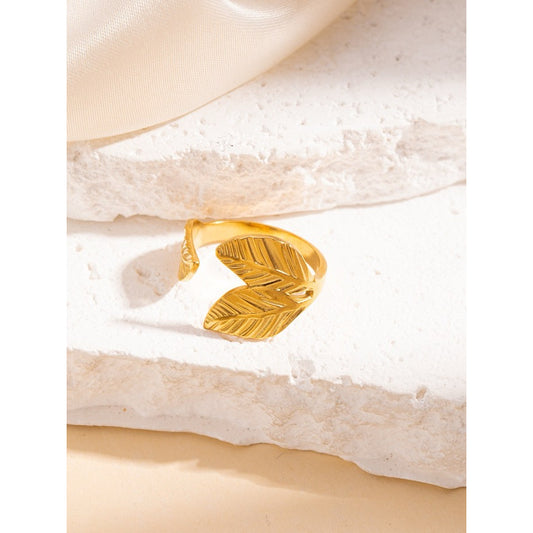 [Vibrant Gold Leaves] Urban Leaf – Twin 316L Titanium Steel Intertwined Leaves Ring | 3D Metallic Lines