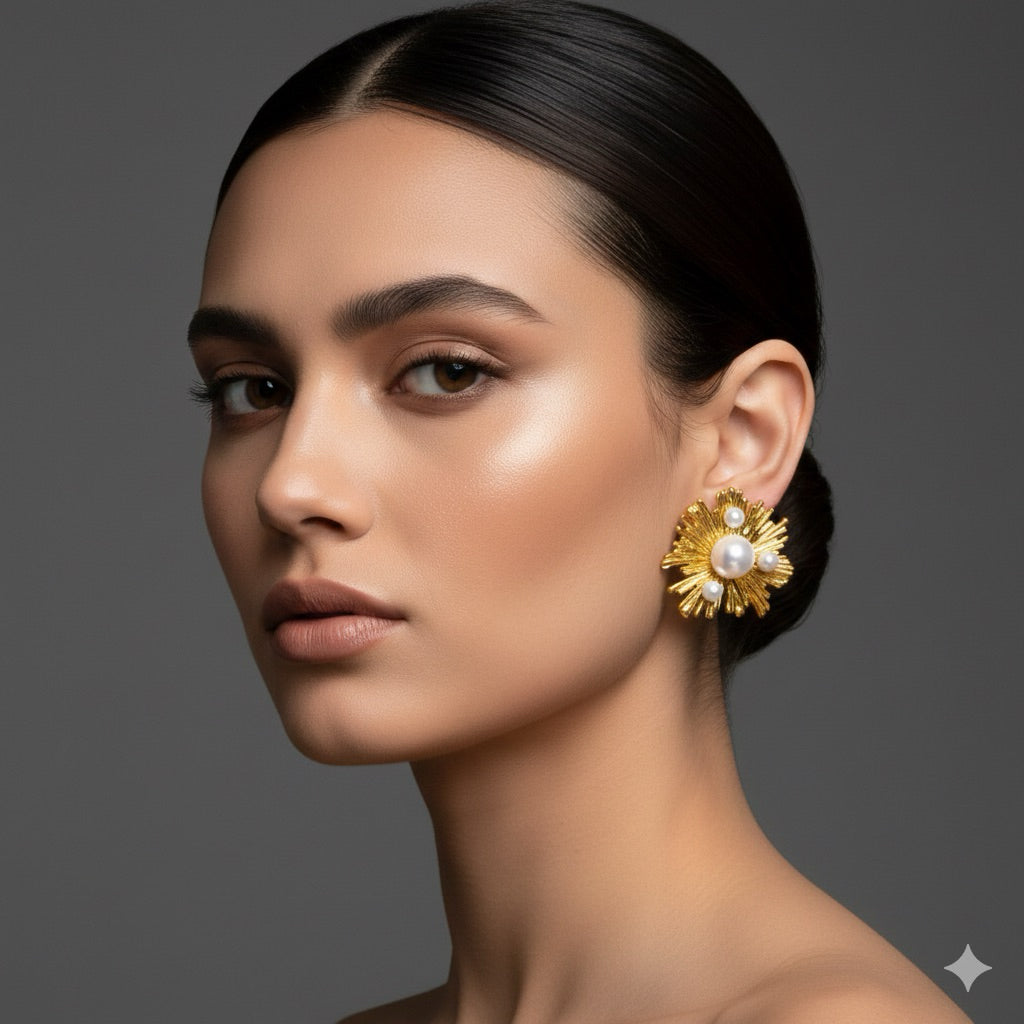 【Dancing in the Flowers】Urban Bloom 316L Titanium Steel Radiant Flower Earrings | 18K Gold Plated Pearl Design