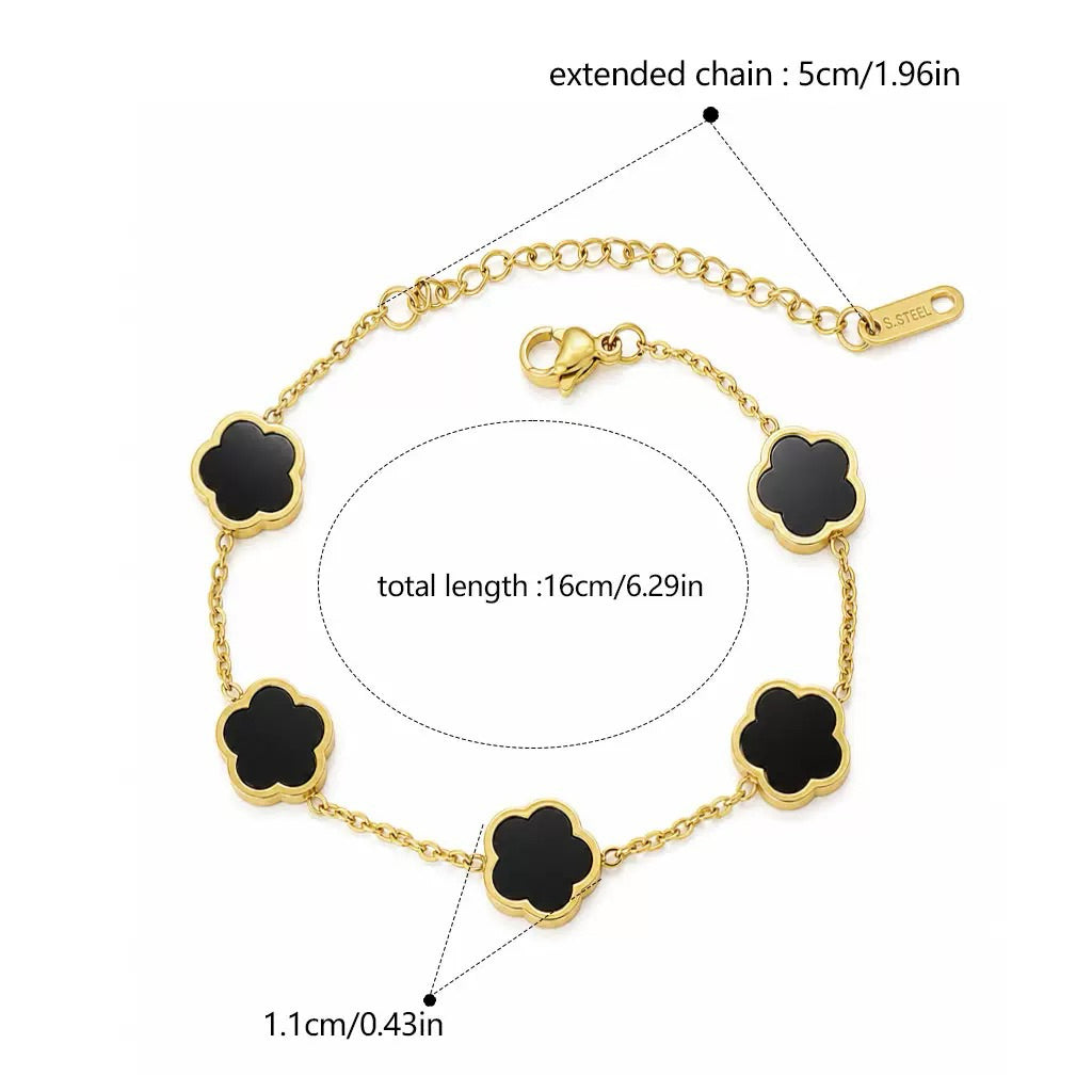 【夜色花影】Urban Noir Bloom｜黑金白金花朵手鍊  CityCape© 316L 鈦鋼｜18K 金色｜黑金花影系列